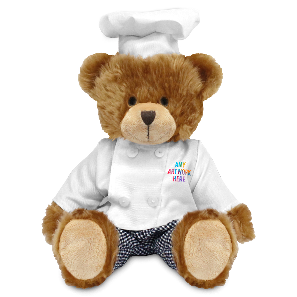 Promotional Charles Jointed Bear in Printed Chef Outfit - Branded Soft Toys - Large Teddy Bear