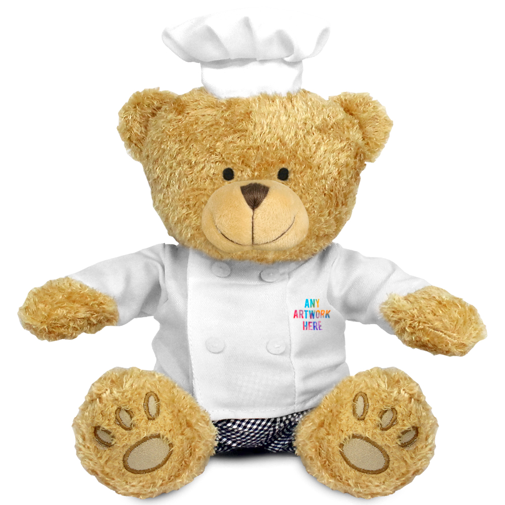 Promotional Edward II Golden Bear in Printed Chef Outfit - Branded Soft Toys - Extra Large Teddy Bear