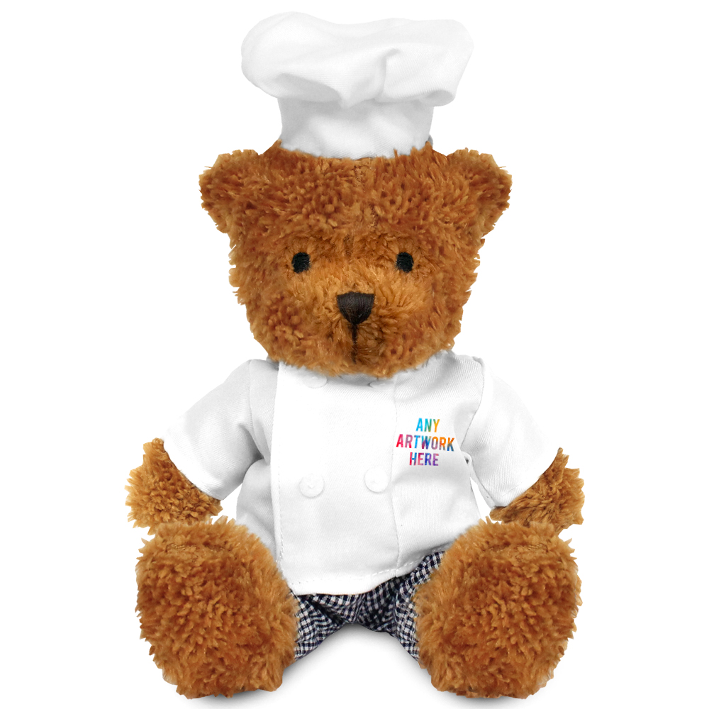 Promotional James II Golden Bear in Printed Chef Outfit - Branded Soft Toys - Medium Teddy Bear