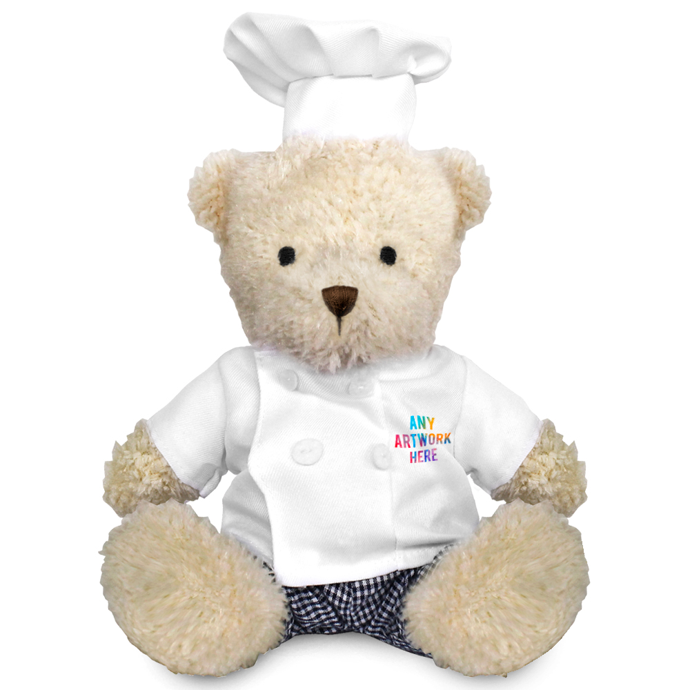 Promotional James III White Bear in Printed Chef Outfit - Branded Soft Toys - Medium Teddy Bear