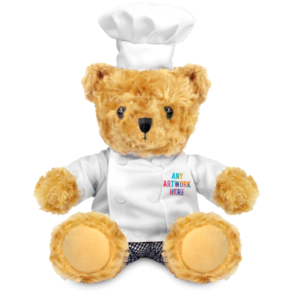 Promotional Victoria Golden Bear in Printed Chef Outfit - Branded Soft Toys - Large Teddy Bear